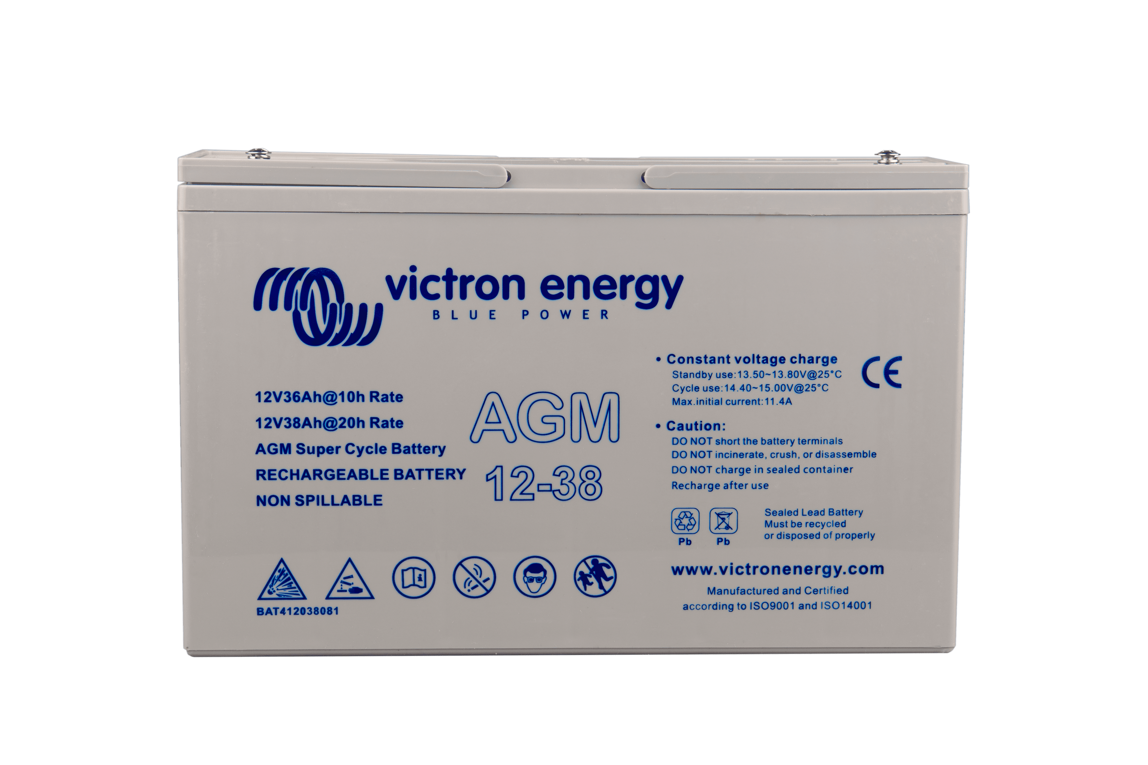 12V 38Ah AGM Super Cycle Battery (front)  thumbnail